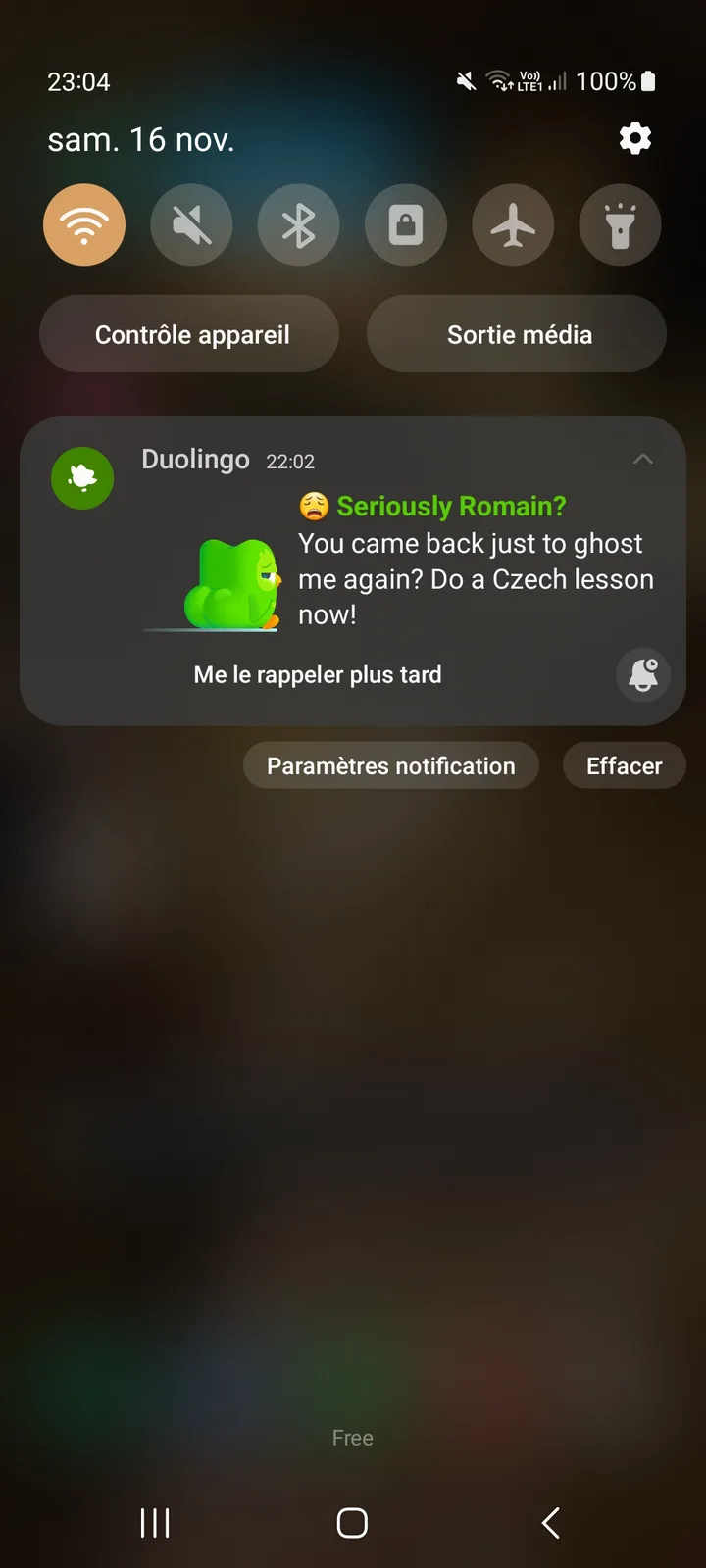 A smartphone notification from Duolingo shows a green owl mascot asking 'Seriously Romain? You came back just to ghost me…