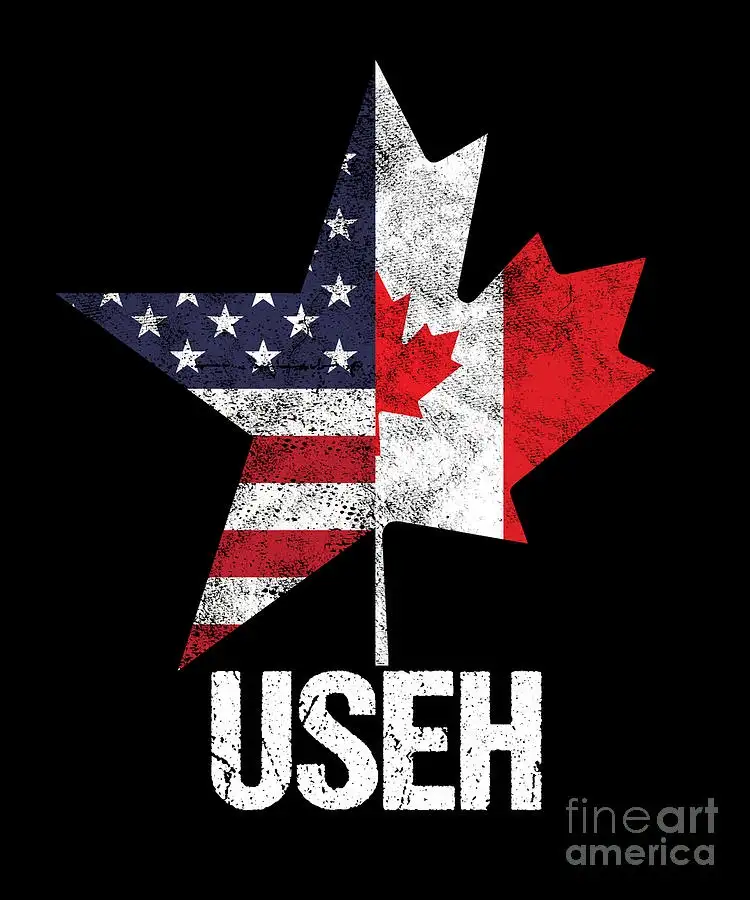 A stylized maple leaf is split vertically, with the left half displaying the American flag's stars and stripes and the right…