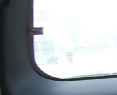A blurry, overexposed view from inside a vehicle looking out a window, where the bright exterior makes details indistinct…