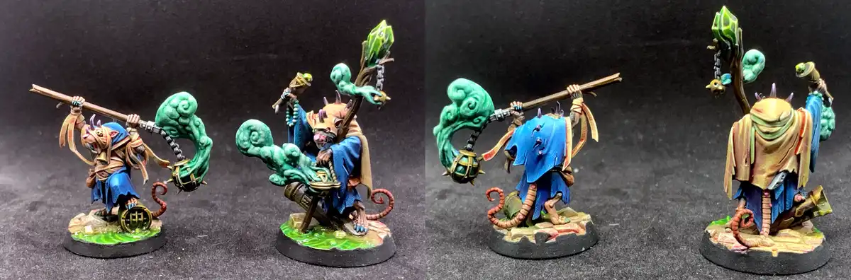 Four views of a painted miniature figurine of a rat-like creature in a blue robe, holding a staff with green mystical…