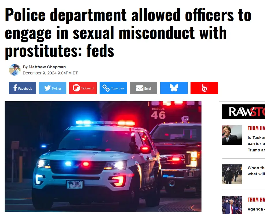 A screenshot of a news article with a headline reading 'Police department allowed officers to engage in sexual misconduct…