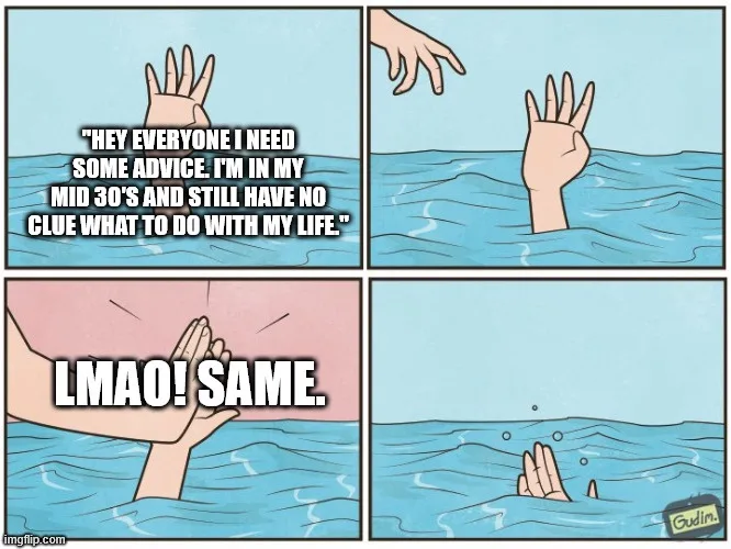 A four-panel comic strip shows a hand waving for help in water. The first panel has text: 'HEY EVERYONE I NEED SOME ADVICE…