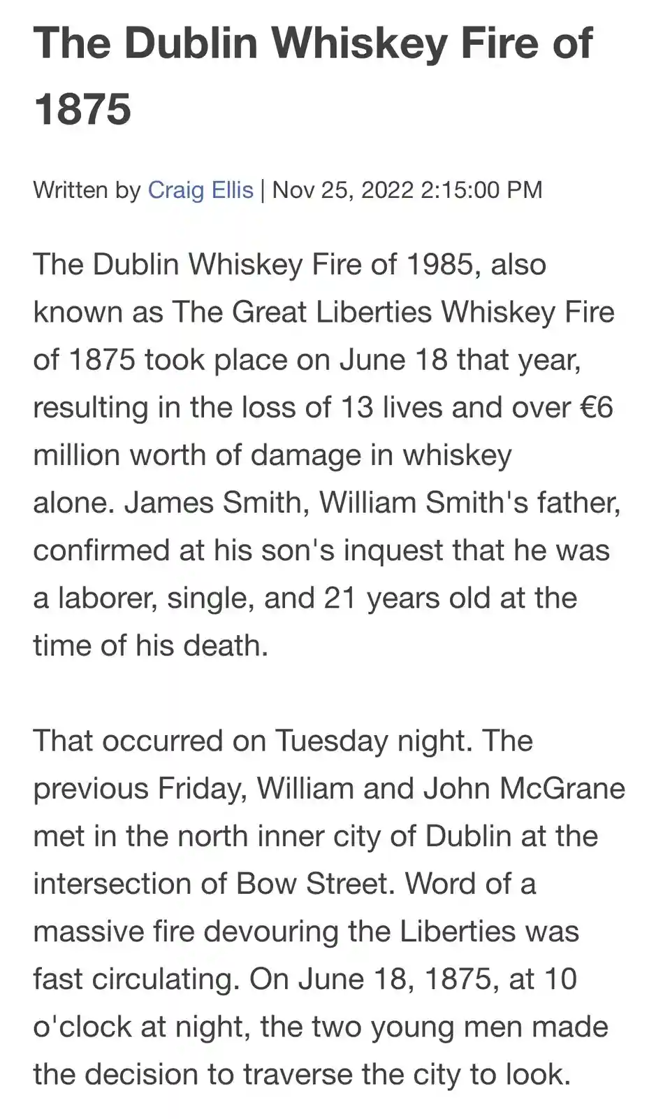 A screenshot of a text article titled 'The Dublin Whiskey Fire of 1875' written by Craig Ellis on Nov 25, 2022. The…