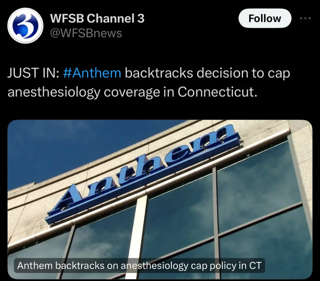 A screenshot of a WFSB Channel 3 news tweet shows a photo of an Anthem corporate building with blue sky and glass windows…