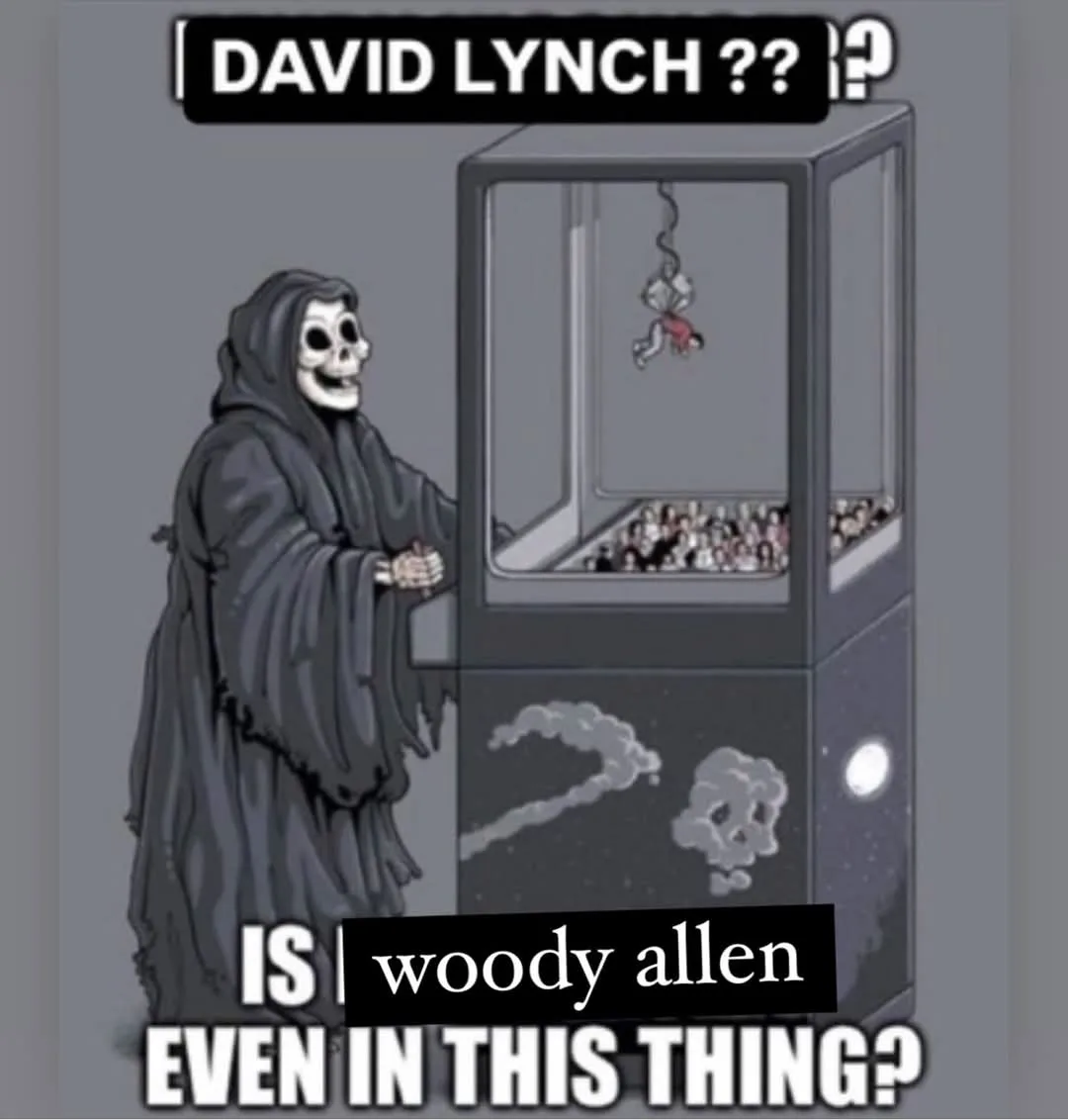 A cartoon grim reaper stands beside a claw machine filled with tiny figures, one of which is hanging from the top. The text…