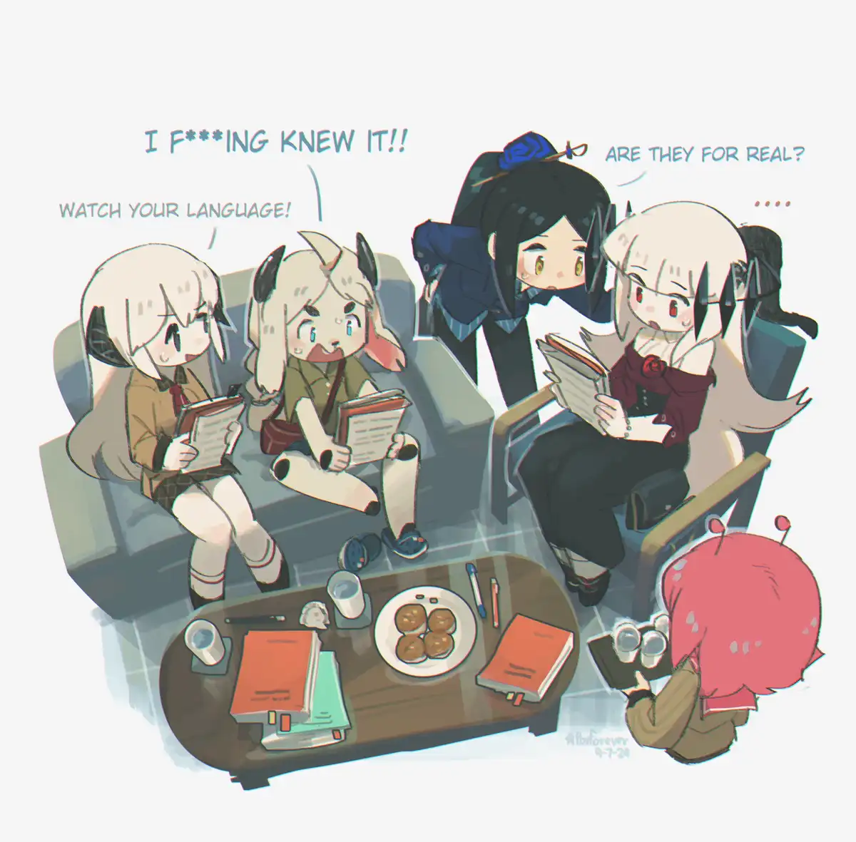 Five anime-style girls are gathered in a living room, sitting on couches and chairs around a coffee table with books…