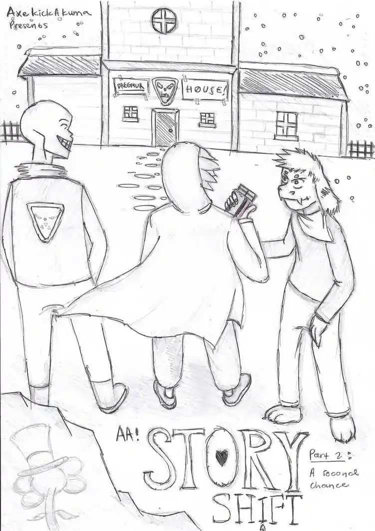 A black-and-white sketch shows three cartoon characters outside a building labeled 'DREGGAR HOUSE!' with a skull emblem. One…
