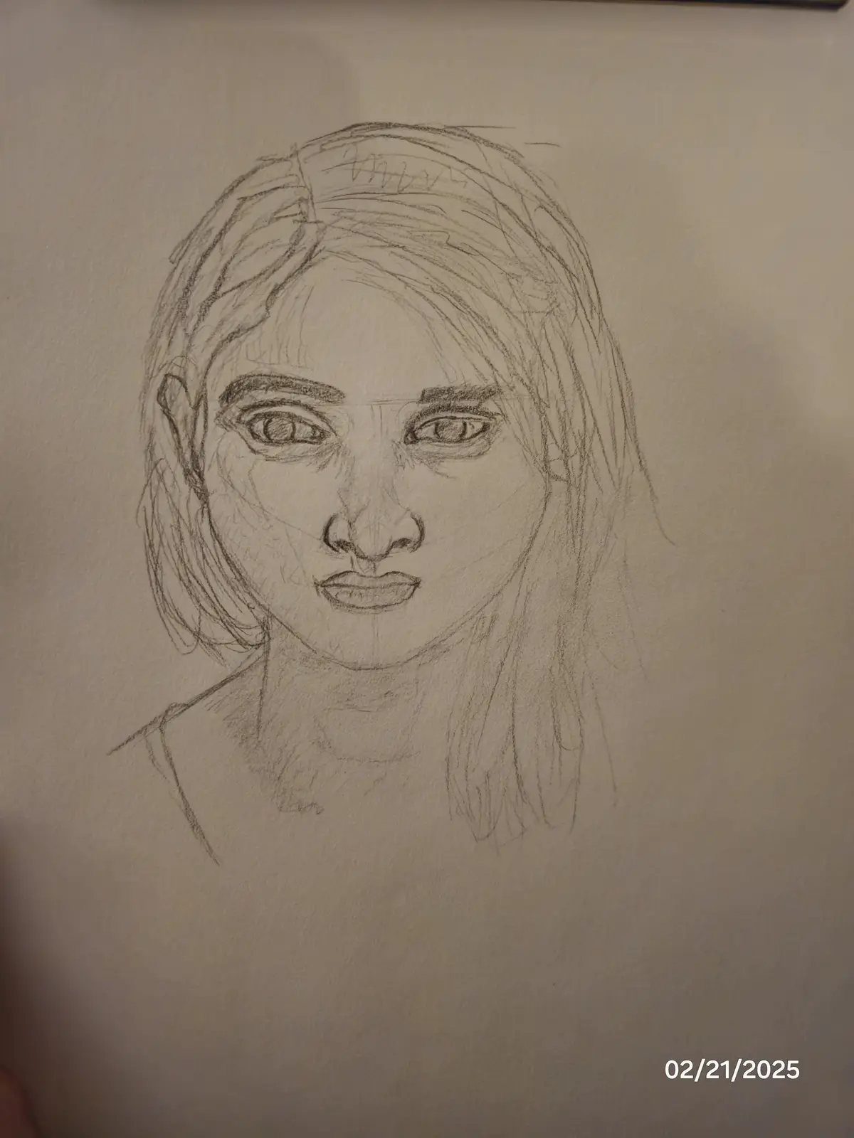 A pencil sketch of a person's face and upper shoulders on textured paper, with visible sketch lines and shading. The drawing…