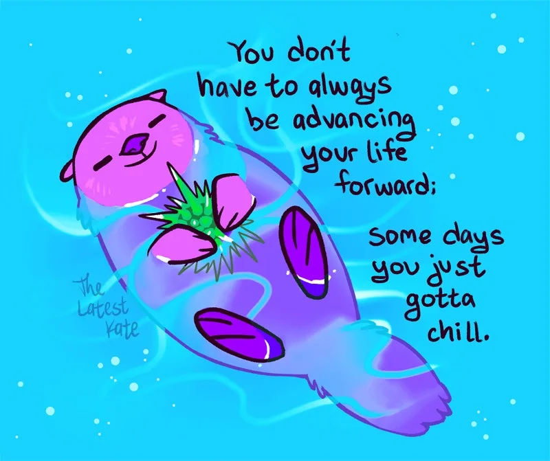 A cartoon pink otter with a green sea urchin stuck to its belly floats peacefully in blue water, surrounded by bubbles. The…