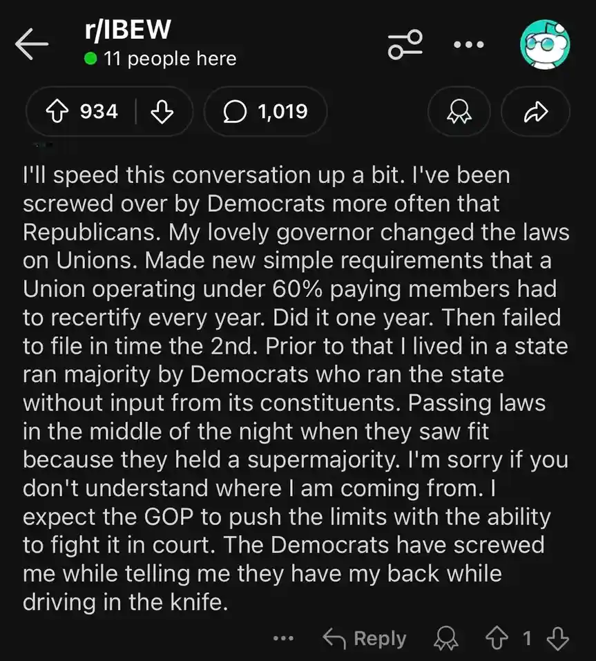 A screenshot of a Reddit post in the r/IBEW subreddit, showing a user's long text complaint about being wronged by…
