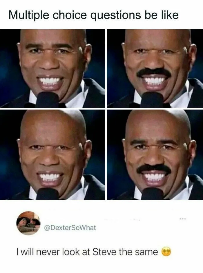 The image is a four-panel meme featuring Steve Harvey with alternating expressions of wide-eyed shock and a forced, toothy…