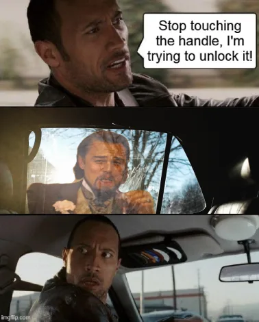 A three-panel meme featuring Dwayne 'The Rock' Johnson in a car. Top panel: He looks frustrated while saying 'Stop touching…