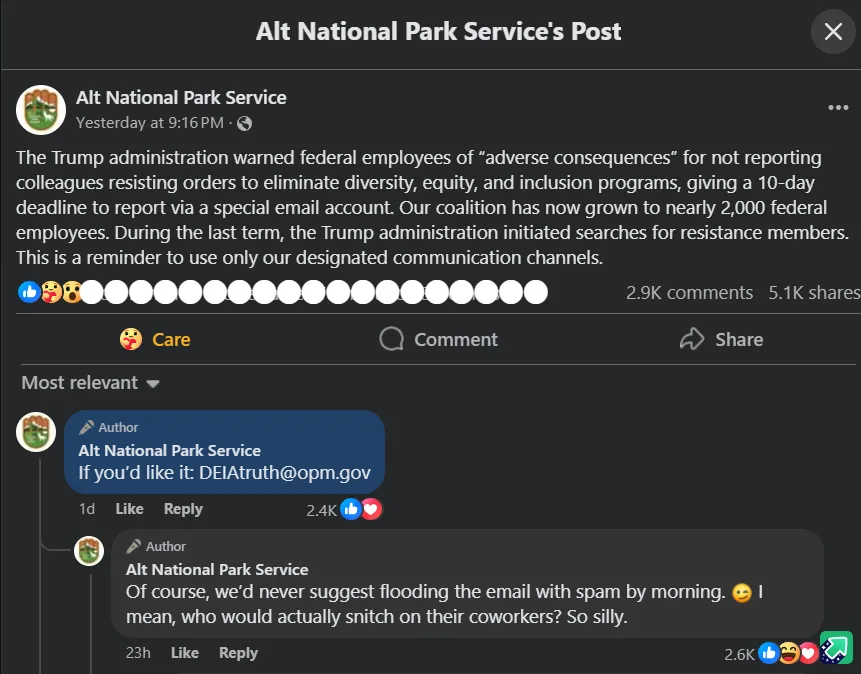 A screenshot of a fake 'Alt National Park Service' Facebook post claiming to warn federal employees about reporting…