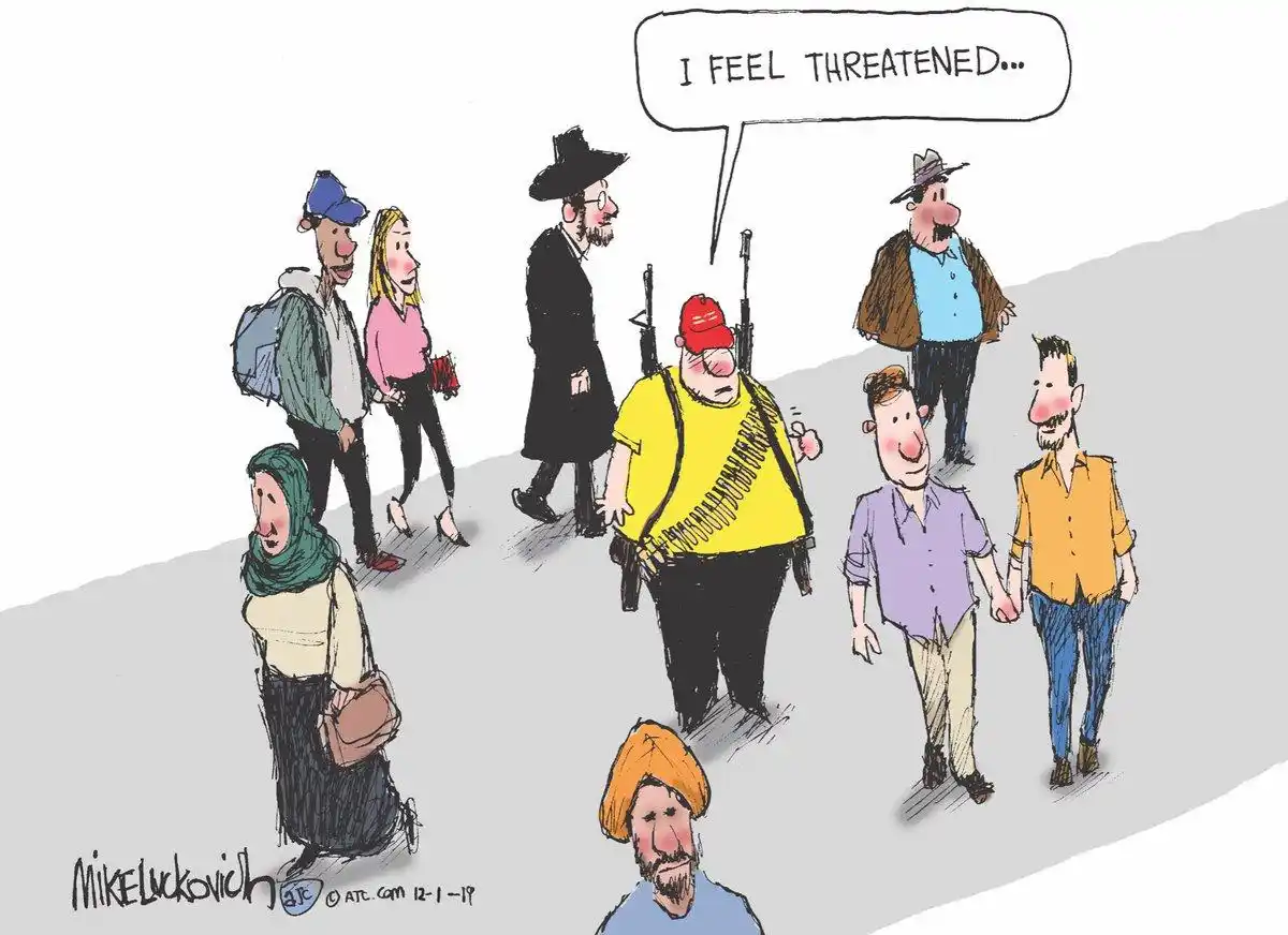 A cartoon depicts a diverse group of people walking on a sidewalk, including a man in a yellow shirt and red cap carrying…