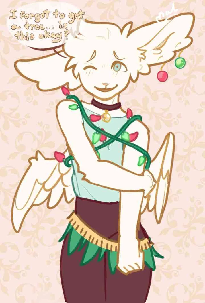 A cartoon angel with white fur, large ears, and wings is wrapped in green string lights with red and green bulbs. The…