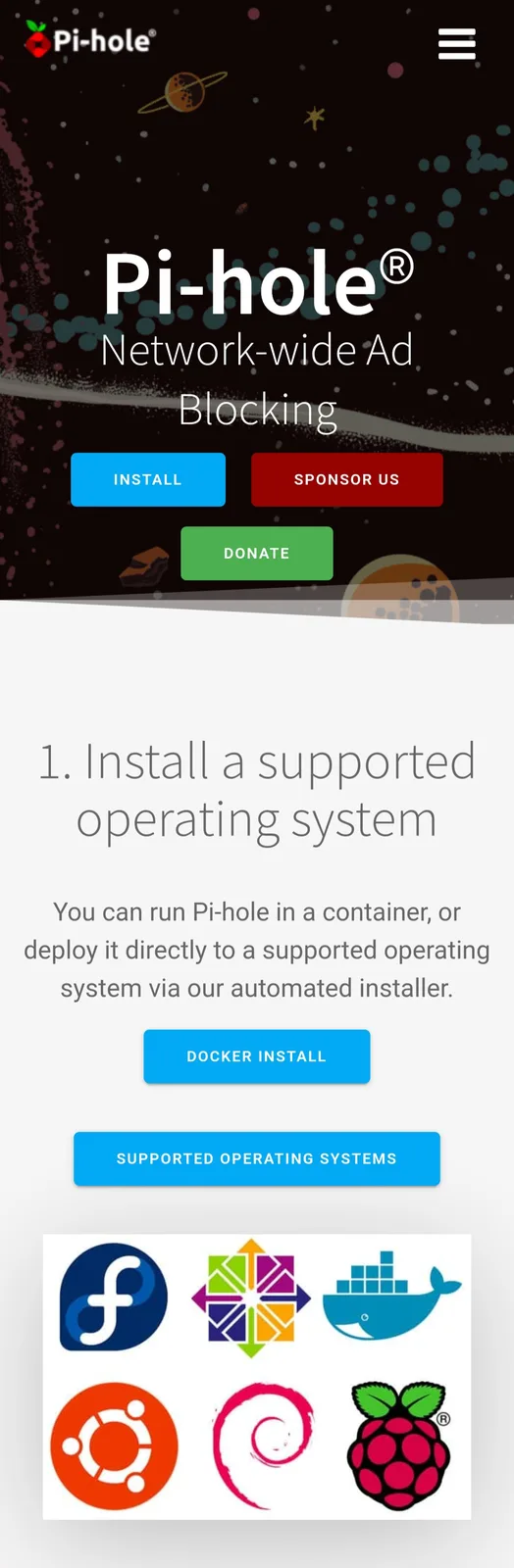 The image shows the Pi-hole website's installation page, featuring buttons for 'INSTALL', 'SPONSOR US', and 'DONATE'. It…