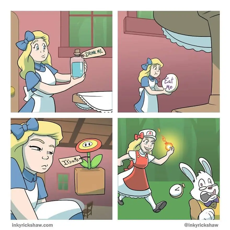 A four-panel comic strip parodying Alice in Wonderland, showing Alice holding a bottle labeled 'DRINK ME', then a cake…