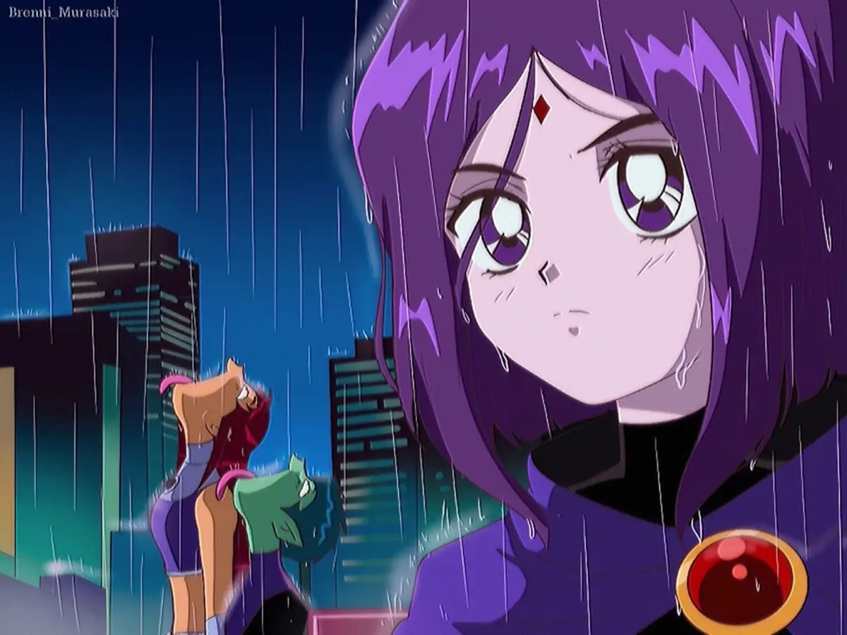 An anime scene depicts a purple-haired girl with a sad, tearful expression looking at the viewer while rain falls. In the…