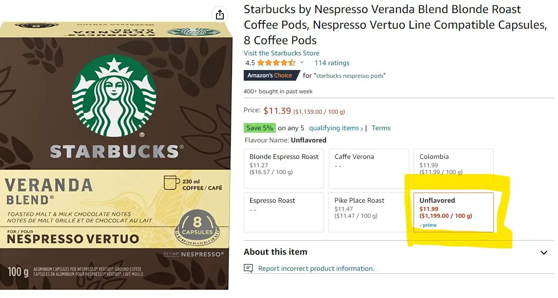 An Amazon product page for Starbucks by Nespresso Veranda Blend coffee pods shows a price comparison table where the…