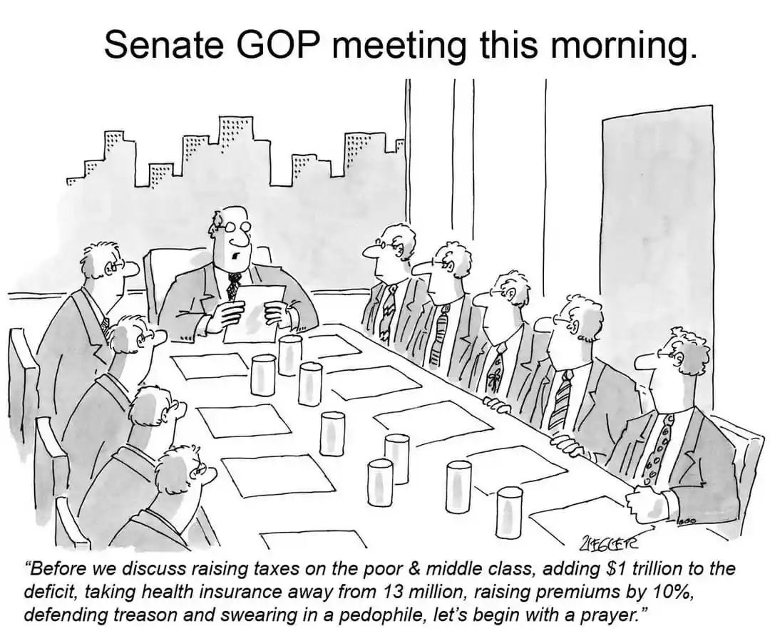 A black-and-white political cartoon depicts a Senate GOP meeting with a man at the head of a long table reading from a paper…