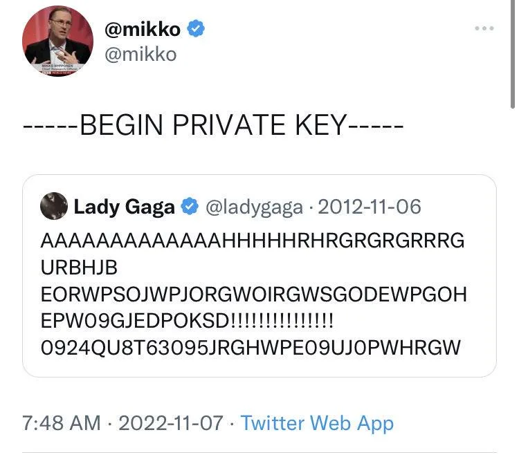 A screenshot of a tweet from Lady Gaga dated 2012, overlaid with the text '-----BEGIN PRIVATE KEY-----' above it. The tweet…