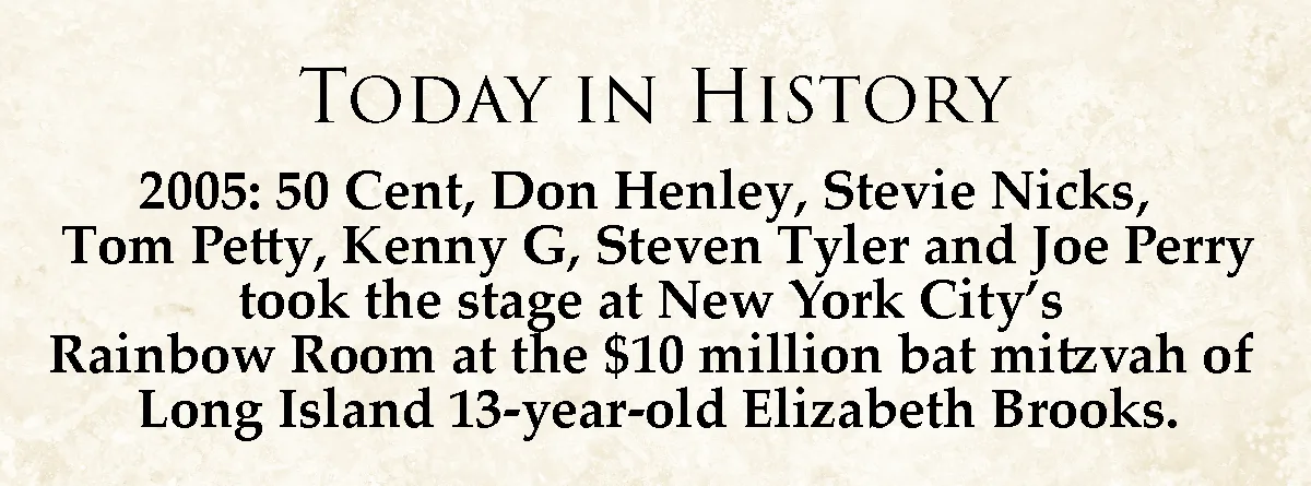 The image displays a 'Today in History' style text overlay on a parchment-like background. The text humorously claims that…