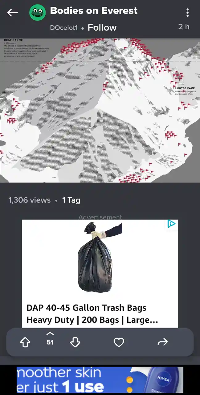 A graphic map of Mount Everest shows numerous red triangular markers indicating locations of deceased climbers, with text…