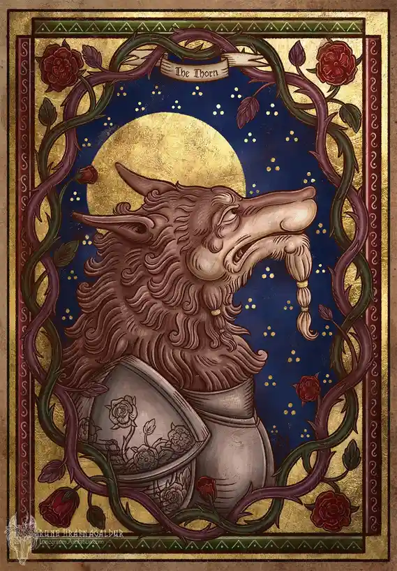 A stylized, ornate illustration depicts a wolf-like creature with a human face, wearing armor decorated with roses, framed…