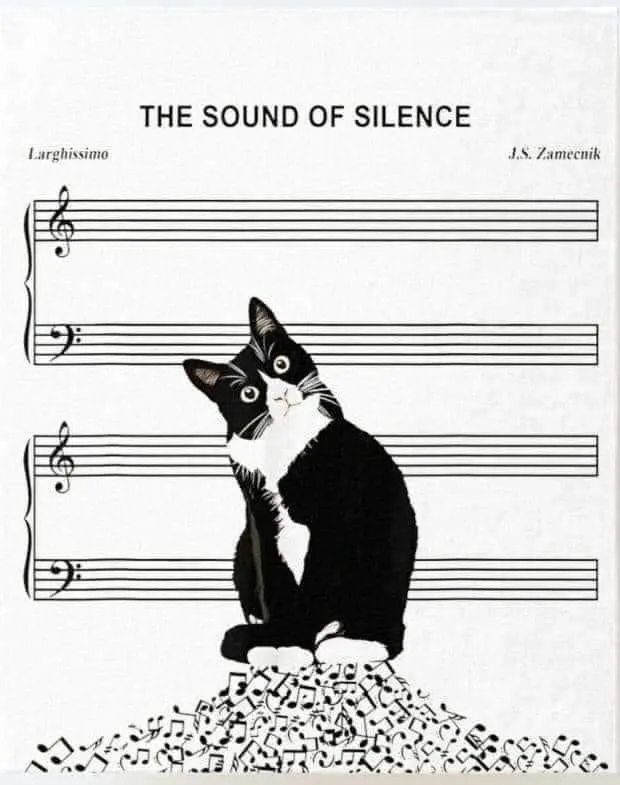 A black and white cat sits atop a pile of scattered musical notes on a sheet music background labeled 'THE SOUND OF SILENCE'…