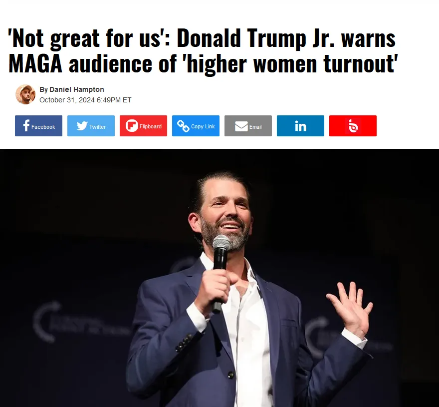 A screenshot of a news article headline about Donald Trump Jr. warning a MAGA audience about higher women turnout, overlaid…