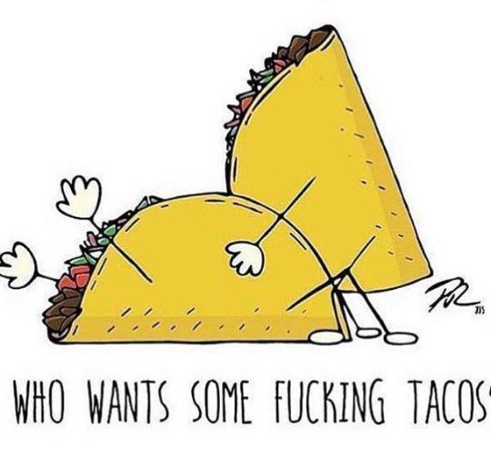 Two cartoon tacos with arms and legs are shown in a playful, almost romantic pose, one leaning over the other. The taco in…