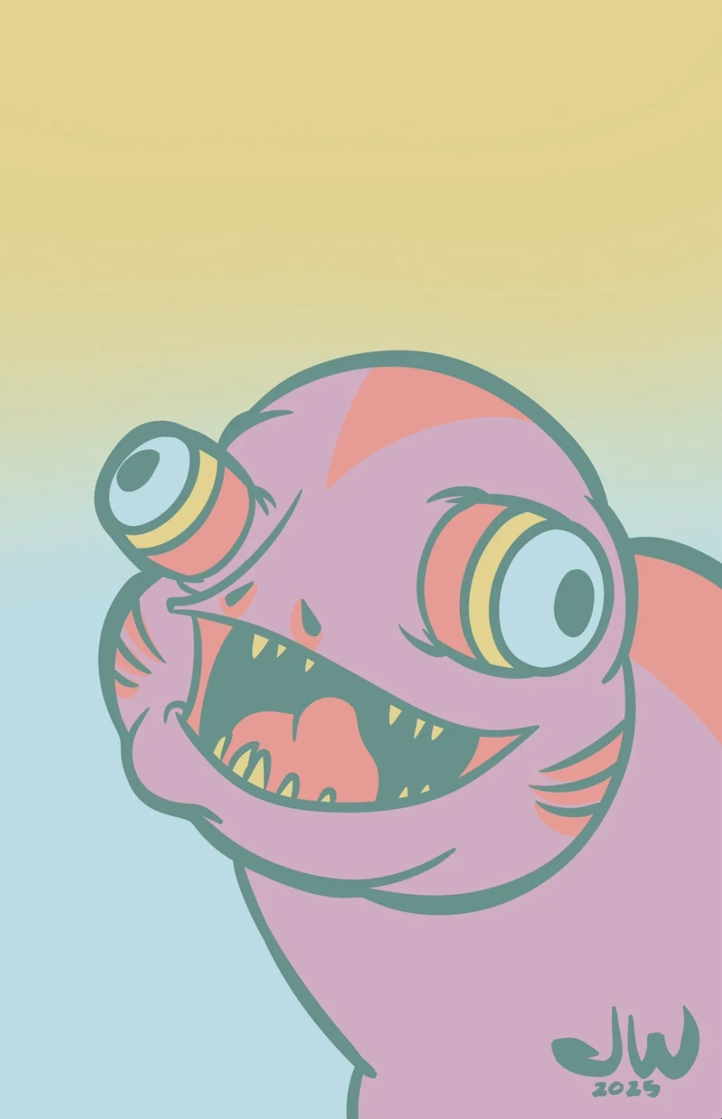A cartoonish pink creature with large, bulging eyes and a wide, toothy grin against a gradient yellow-to-blue background…