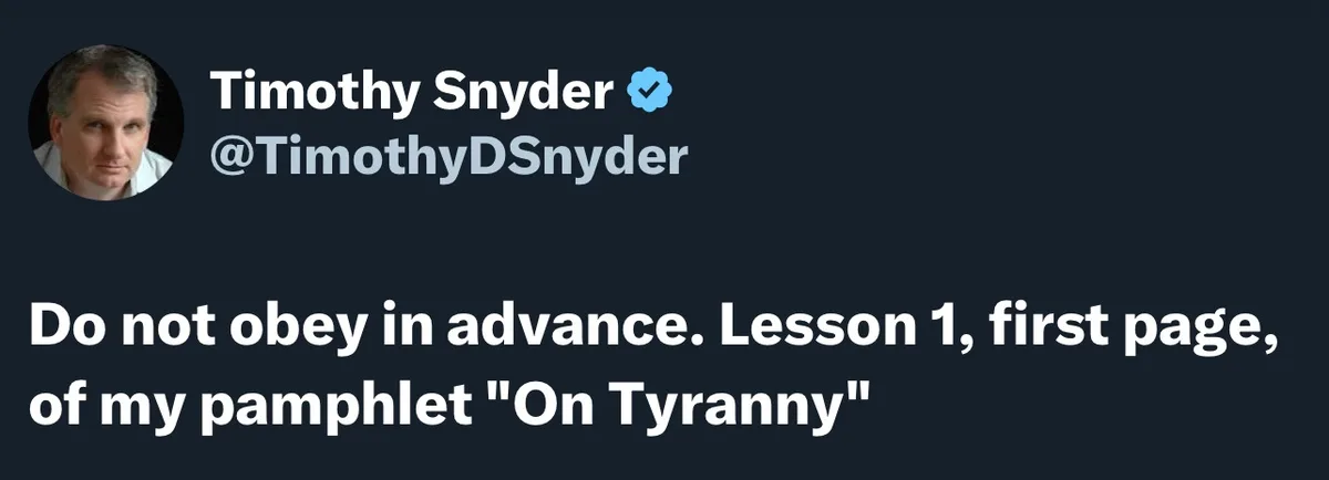 A screenshot of a tweet from verified user Timothy Snyder (@TimothyDSnyder) showing his profile picture and the text: 'Do…