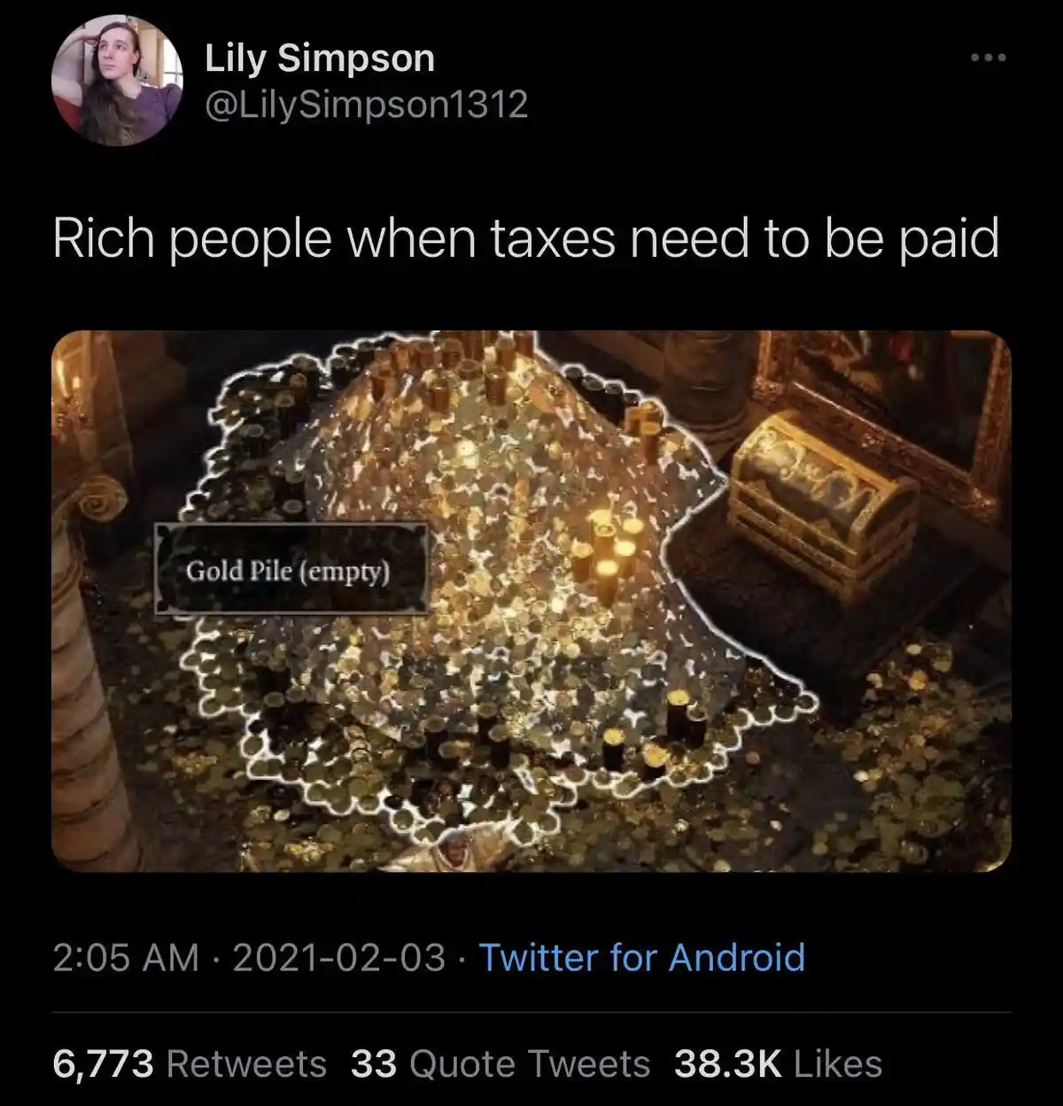 An image from a video game shows a large pile of gold coins outlined in white, with an on-screen label reading 'Gold Pile…