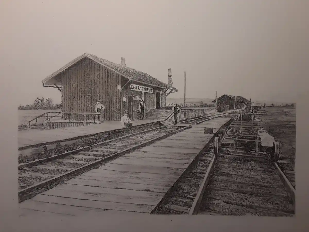 A pencil sketch of a small, rustic train station with a sign reading 'CHELTENHAM' above the entrance. Several people are…