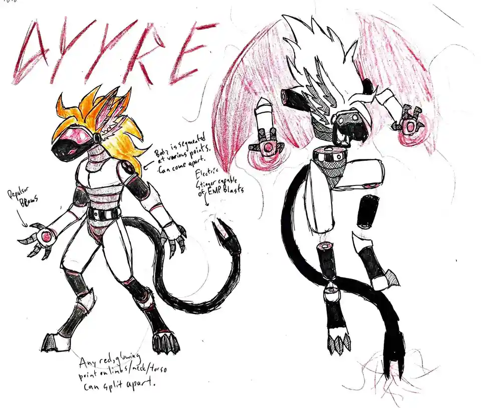 A hand-drawn concept sketch of a character named 'Ayyre' with two forms: one with yellow spiky hair and repulsor claws, and…