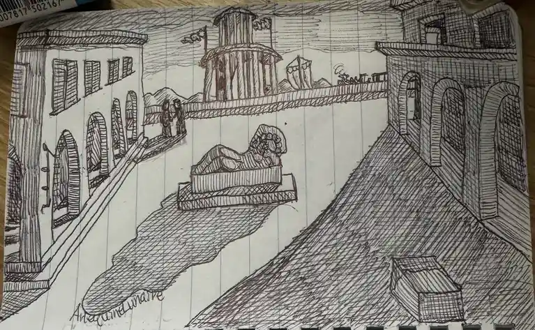 A hand-drawn black-and-white sketch on lined paper depicts a surreal cityscape with buildings, a bridge, and a large…