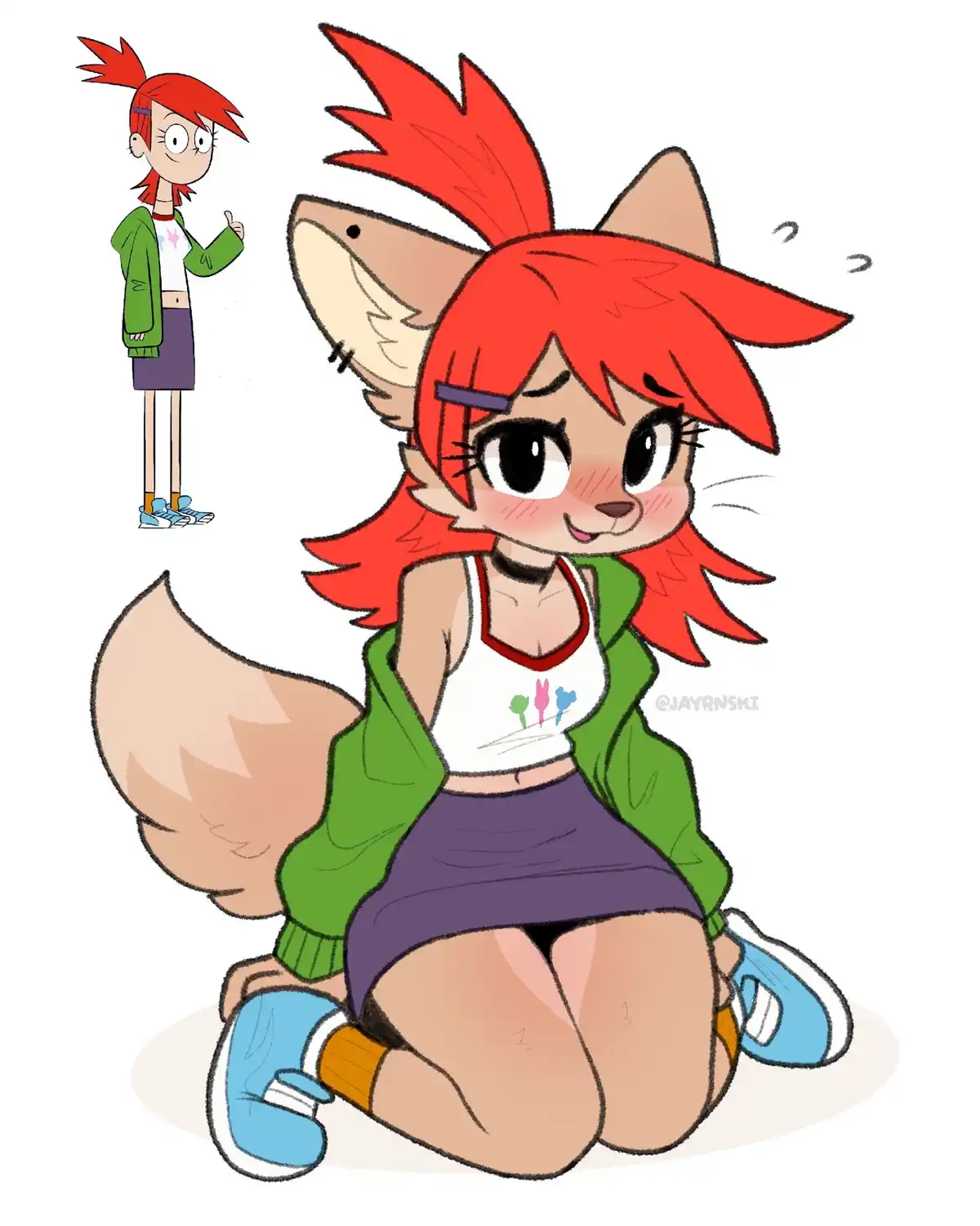 The image shows two depictions of the same character: a small, human-like girl with red hair and a green jacket giving a…