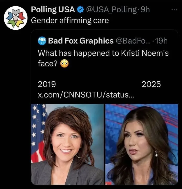 A screenshot of a tweet from 'Bad Fox Graphics' showing two photos of Kristi Noem side-by-side, labeled '2019' and '2025'…