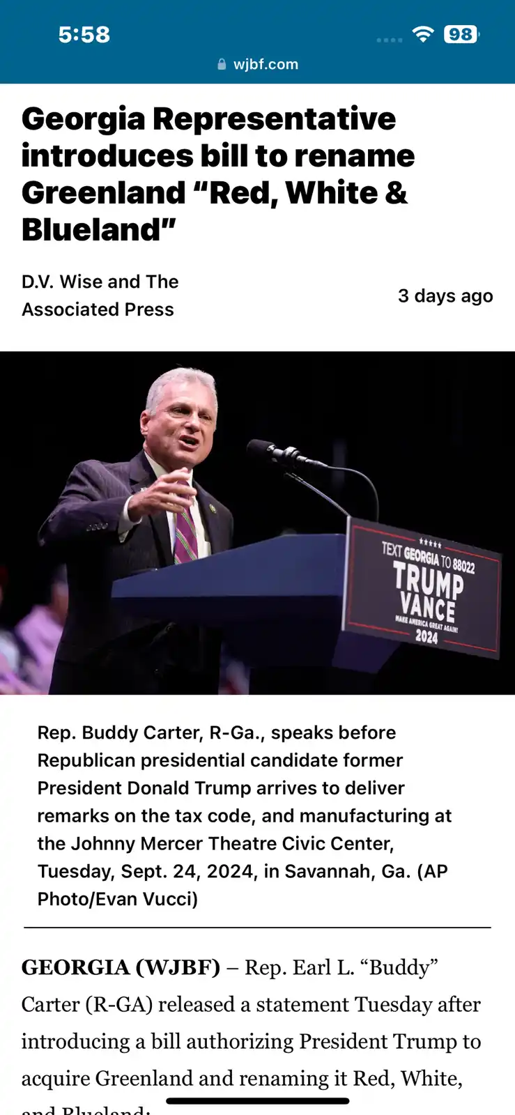 A screenshot of a news article from wjbf.com shows a photo of Rep. Buddy Carter speaking at a podium with a 'TRUMP VANCE…