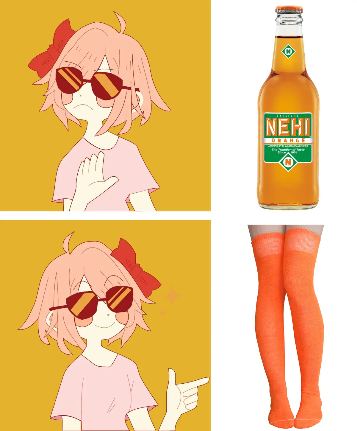 The image is a four-panel meme showing an anime girl with pink hair and red bow, initially looking unimpressed while holding…