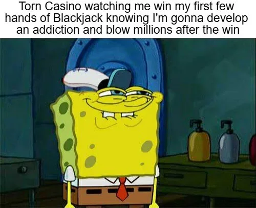A still image of SpongeBob SquarePants from the animated TV show, smiling smugly while wearing a white cap and red tie…