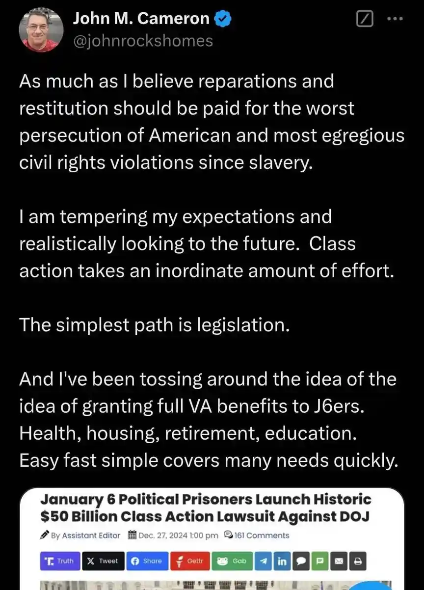 A screenshot of a tweet by John M. Cameron (@johnrockshomes) expressing support for reparations and suggesting granting full…