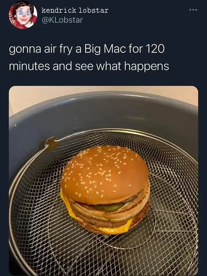 A Big Mac burger sits on a metal mesh basket inside an air fryer. The overlaid text reads 'gonna air fry a Big Mac for 120…