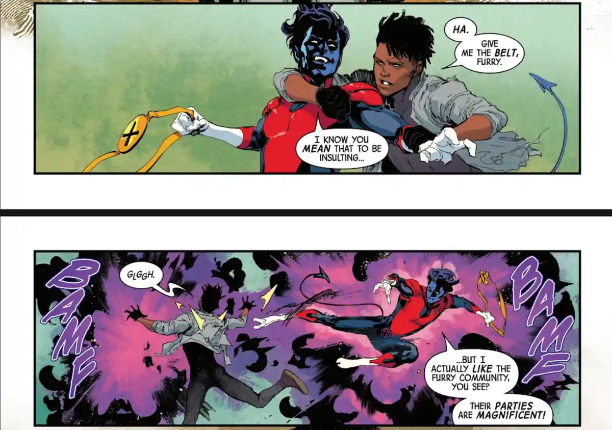 A two-panel comic strip shows a blue-skinned superhero in a red and blue costume being grabbed by a human man in a torn grey…