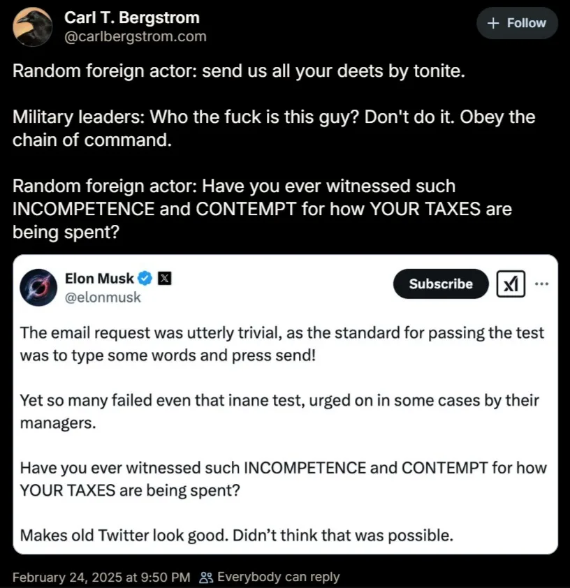 A screenshot of a tweet by Carl T. Bergstrom showing a fictional scenario where a foreign actor demands 'deets' and military…