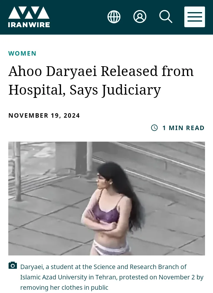 A grayscale news article screenshot from IranWire dated November 19, 2024, shows a woman with long dark hair and glasses…