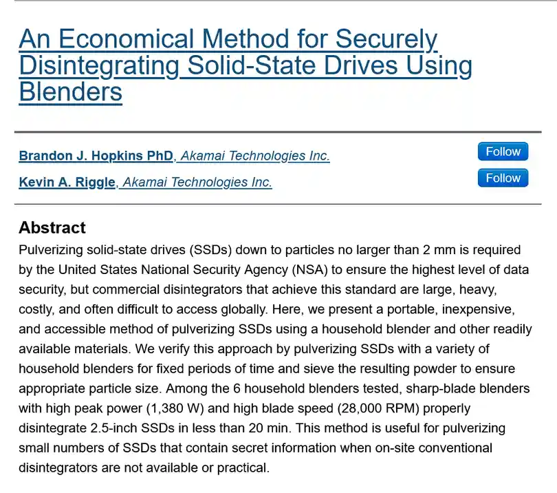 The image displays a mock academic paper titled 'An Economical Method for Securely Disintegrating Solid-State Drives Using…