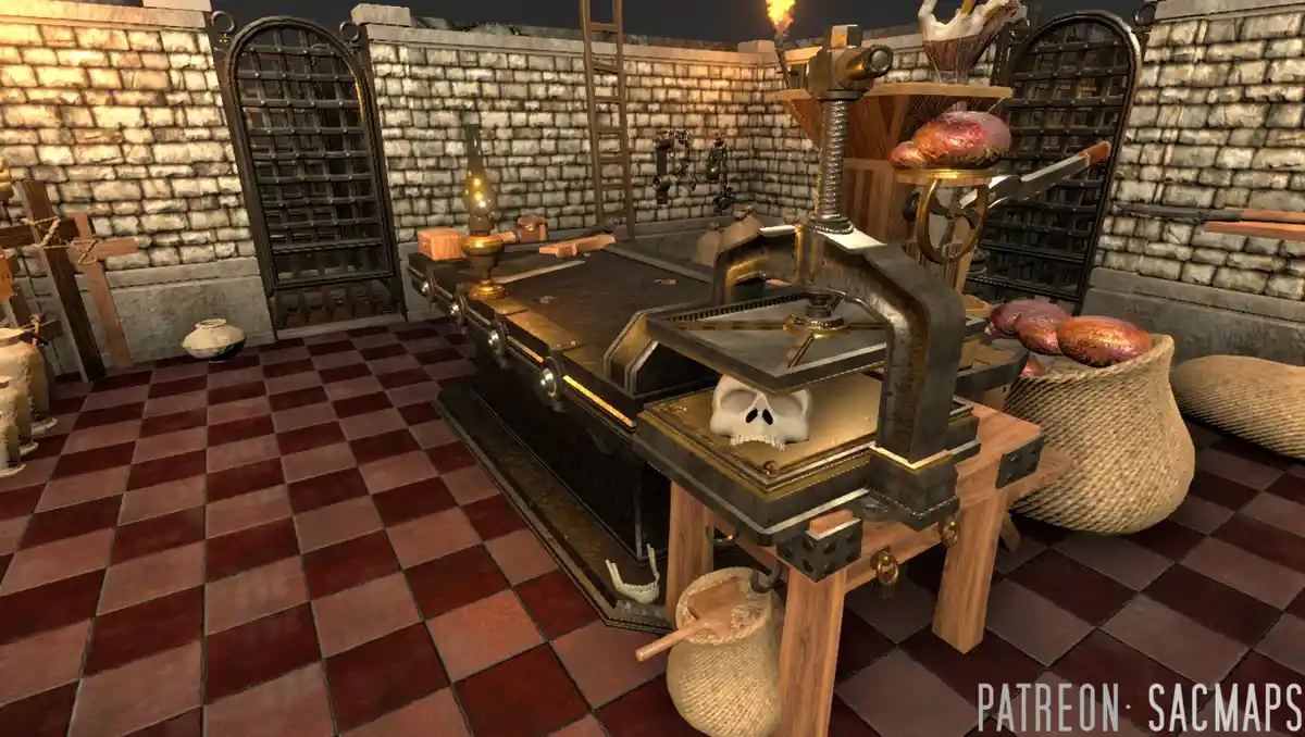 A dark, stone-walled room with red tiled floors contains a large, ornate, steampunk-style printing press. A human skull is…