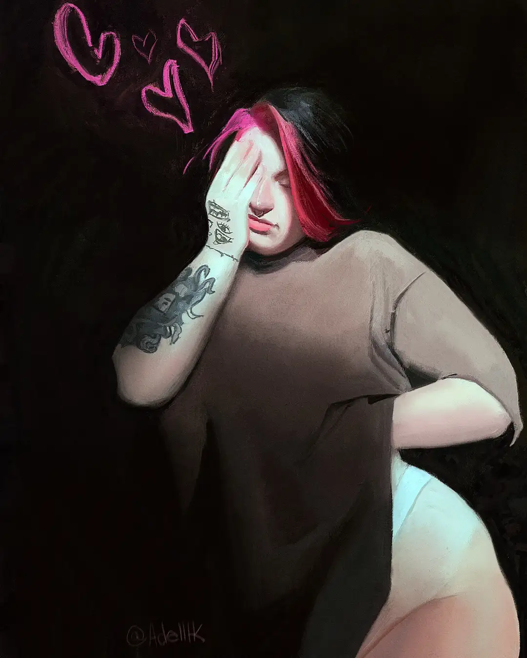A person with red and black hair, wearing a loose brown shirt and white underwear, covers their face with one hand while…